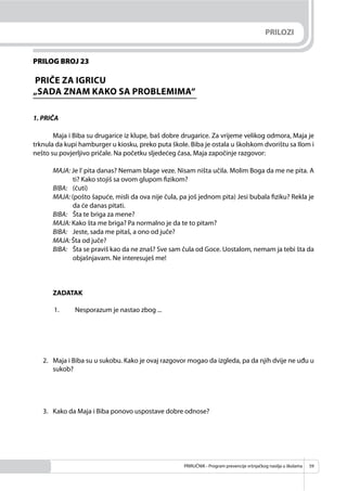 PRIRUČNIK - Program prevencije vršnjačkog nasilja u školama 59
PRILOG BROJ 23
PRIČE ZA IGRICU
„SADA ZNAM KAKO SA PROBLEMIMA“
1. PRIČA
Maja i Biba su drugarice iz klupe, baš dobre drugarice. Za vrijeme velikog odmora, Maja je
trknula da kupi hamburger u kiosku, preko puta škole. Biba je ostala u školskom dvorištu sa Ilom i
nešto su povjerljivo pričale. Na početku sljedećeg časa, Maja započinje razgovor:
MAJA: Je l’pita danas? Nemam blage veze. Nisam ništa učila. Molim Boga da me ne pita. A
ti? Kako stojiš sa ovom glupom ﬁzikom?
BIBA: (ćuti)
MAJA: (pošto šapuće, misli da ova nije čula, pa još jednom pita) Jesi bubala ﬁziku? Rekla je
da će danas pitati.
BIBA: Šta te briga za mene?
MAJA: Kako šta me briga? Pa normalno je da te to pitam?
BIBA: Jeste, sada me pitaš, a ono od juče?
MAJA: Šta od juče?
BIBA: Šta se praviš kao da ne znaš? Sve sam čula od Goce. Uostalom, nemam ja tebi šta da
objašnjavam. Ne interesuješ me!
ZADATAK
1. Nesporazum je nastao zbog ...
2. Maja i Biba su u sukobu. Kako je ovaj razgovor mogao da izgleda, pa da njih dvije ne uđu u
sukob?
3. Kako da Maja i Biba ponovo uspostave dobre odnose?
PRILOZI
 