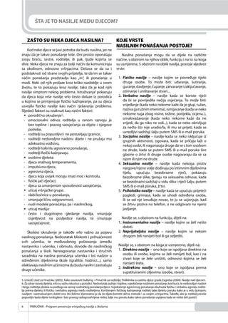 PRIRUČNIK - Program prevencije vršnjačkog nasilja u školama6
ŠTA JE TO NASILJE MEĐU DJECOM?
ZAŠTO SU NEKA DJECA NASILNA?
Kod neke djece se javi potreba da budu nasilna, jer ne
znaju da je takvo ponašanje loše. Oni prosto oponašaju
svoju braću, sestre, roditelje, ili pak, ljude kojima se
dive. Neka djeca ne znaju za bolji način da komuniciraju
sa okolinom, odnosno vršnjacima. Dešava se da su i
podstaknuti od strane svojih prijatelja, te da im se takav
način ponašanja predstavlja kao „in“, ili ponašanje u
modi. Neki od njih prolaze kroz teško razdoblje u svom
životu, te to pokazuju kroz nasilje, tako da je kod njih
nasilje simptom nekog problema. Istraživanja5
pokazuju
da djeca koja vrše nasilje vrlo često dolaze iz porodica
u kojima se primjenjuje ﬁzičko kažnjavanje, pa su djeca
usvojila ﬁzičko nasilje kao način rješavanja problema.
Sljedeći faktori su istaknuti kao rizični faktori:
porodično okruženje2
:
- emocionalni odnos roditelja u ranom razvoju je
bez topline i pravog saosjećanja za dijete i njegove
potrebe,
- roditelji su popustljivi i ne postavljaju granice,
- roditelji nedovoljno nadziru dijete i ne pružaju mu
adekvatno vođstvo,
- roditelji tolerišu agresivno ponašanje,
- roditelji ﬁzički kažnjavaju.
osobine djeteta:
- djeca snažnog temperamenta,
- impulsivna djeca,
- agresivna djeca,
- djeca koja uvijek moraju imati moć i kontrolu,
- ﬁzički jači dječaci,
- djeca sa umanjenom sposobnosti saosjećanja,
uticaj vršnjačke grupe:
slabi kočnice u ponašanju,-
smanjuje ličnu odgovornost,-
nudi modele ponašanja, pa i nasilničkog,-
uticaj medija:
često i dugotrajno gledanje nasilja, smanjuje-
osjetljivost na posljedice nasilja, te smanjuje
saosjećajnost.
Školsko okruženje je takođe vrlo važno za pojavu
nasilnog ponašanja. Nedostatak bliskosti i prihvaćenosti
svih učenika, te međusobnog poštovanja između
nastavnika i učenika, i obrnuto, dovode do nasilničkog
ponašanja u školi. Nereagovanje nastavnika i stručnih
saradnika na nasilna ponašanja učenika i loš nadzor u
određenim dijelovima škole (igralište, hodnici...), samo
olakšavajunasilnimučenicimadabudunasilniizastrašuju
druge učenike.
KOJE VRSTE
NASILNIH PONAŠANJA POSTOJE?
Nasilna ponašanja mogu da se dijele na različite
načine, s obzirom na njihov oblik, funkciju i na to na koga
su usmjerena. S obzirom na oblik nasilja, postoje sljedeće
vrste:
1. Fizičko nasilje – nasilje kojim se povređuje tijelo
druge osobe. To može biti: udaranje, šutiranje,
guranje,davljenje,čupanje,zatvaranjeizaključavanje,
otimanje i uništavanje stvari...
2. Verbalno nasilje – nasilje kada se koriste riječi
da bi se povrijedila nečija osjećanja. To može biti:
vrijeđanje (kada neko nekome kaže da je glup, ružan,
naziva ga ružnim imenima), ismijavanje (kada se neko
nekome ruga zbog visine, težine, porijekla, ocjena..),
omalovažavanje (kada neko nekome kaže da ne
vrijedi, da ga niko ne voli...), kada se neko okrivljuje
za nešto što nije uradio/la, ili mu se prijeti, kada se
uvredljivi sadržaji šalju putem SMS ili e-mail poruka.
3. Socijalno nasilje – nasilje kada se neko isključuje iz
grupnih aktivnosti, ogovara, kada se pričaju laži o
nekoj osobi, ili nagovaraju druge da se s tom osobom
ne druže, kada se putem SMS ili e-mail poruka šire
glasine o žrtvi ili druge osobe nagovaraju da se sa
njom ili njim ne druže.
4. Seksualno nasilje – nasilje kada nekoga protiv
njegove/njene volje dodiruju po intimnim dijelovima
tijela, upućuju bezobrazne riječi, pokazuju
bezobrazne slike, tjeraju na seksualne odnose, kada
se bezobrazni sadržaji u vidu slika i riječi šalju, putem
SMS ili e-mail poruka, žrtvi.
5. Psihološko nasilje – nasilje kada se upućuju prijeteći
pogledi, grimase, kada se uhodi određena osoba,
ili se od nje iznuđuje novac, te ju se ucjenjuje, kad
se žrtvu poziva na telefon, a ne odgovara na njeno
javljanje.
Nasilje se, s obzirom na funkciju, dijeli na:
1. Instrumentalno nasilje – nasilje kojim se želi nešto
dobiti.
2. Neprijateljsko nasilje – nasilje kojim se nekom
drugom želi nanijeti bol ili ga ozljediti.
Nasilje se, s obzirom na koga je usmjereno, dijeli na:
1. Direktno nasilje – ono koje se ispoljava direktno na
osobu ili osobe, kojima se želi nanijeti bol, kao i na
stvari koje se žele uništiti, odnosno kojima se želi
nanijeti šteta.
2. Indirektno nasilje – ono koje se ispoljava prema
supstituiranim ciljevima (osobe, stvari).
5. Unicef, Ured za Hrvatsku (2005). Kako zaustaviti bullying – Priručnik za roditelje; Poliklinika za zaštitu djece grada Zagreba (2004). Nasilje nad djecom.
6. Za zdrav razvoj djeteta, vrlo su važna iskustva u porodici. Nedostatak pažnje i topline, svjedočenje nasilnom ponašanju kod kuće, te nedovoljan nadzor
i briga roditelja plodna su podloga za razvoj nasilničkog ponašanja djece. Svjedočenje agresivnog ponašanja obuhvata ﬁzičku i verbalnu agresiju rodite-
lja prema djetetu ili ﬁzičku i verbalnu agresiju među roditeljima. Korištenjem ﬁzičkog kažnjavanja roditelj šalje djetetu poruku kako je u redu ljutnjom,
nasiljem i zastrašivanjem dobiti ono što želimo. Vjerovatno je da će dijete koristiti slične metode i sa svojim vršnjacima. Takođe, ako je roditelj previše
popustljiv kada dijete tvrdoglavo i bez pravog razloga zahtijeva nešto, šalje mu poruku kako takvo ponašanje uspijeva kada se nešto želi postići.
 