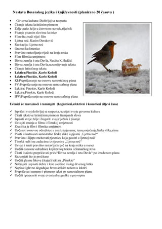 Nastava Bosanskog jezika i knjiţevnosti (planirano 20 ĉasova )
 Govorna kultura: Doţivljaj sa raspusta
 Ĉitanje teksta latiniĉnim pismom
 Ţelje ;naše ţelje u ĉetvrtom razredu,rijeĉnik
 Pisanje pisanim slovima latinice
 Film-šta znaĉi rijeĉ film
 Ljetna noć, Kasim Deraković
 Recitacija: Ljetna noć
 Gramatika:Imenice
 Pravilno rastavljanje rijeĉi na kraju retka
 Film-filmska umjetnost
 Divna zemlja i teta Devla, Nasiha K.Hadţić
 Divna zemlja i teta Devla,razumijevanje teksta
 Ĉitanje latiniĉnog teksta
 Lektira:Pinokio ,Karlo Kolodi
 Lektira:Pinokio, Karlo Kolodi
 KI:Prepriĉavanje na osnovu samostalnog plana
 PV:Prepriĉavanje na osnovu samostalnog plana
 Lektira: Pinokio, Karlo Kolodi
 Lektira:Pinokio, Karlo Kolodi
 IPV:Prepriĉavanje na osnovu samostalnog plana
Uĉenici će znati,moći i razumjeti (kognitivni,afektivni i konativni ciljevi ĉasa)
 Ispriĉati svoj doţivljaj sa raspusta,razvijati svoju govornu kulturu
 Ĉitati tekstove latiniĉnim pismom štampanih slova
 Ispisati svoje ţelje i bogatiti svoj rijeĉnik i pisanje
 Usvojiti znanja o filmu i filmskoj umjetnosti
 Znati šta je film i filmska umjetnost
 Uoĉavati osnovne odrednice u analizi pjesama; temu,osjećanje,lirske slike,rimu
 Pisati i ilustrovati samostalno lirske slike u pjesmi „Ljetna noć“
 Pravilno i lijepo recitovati pjesmicu koja govori o ljetnoj noći
 Timski raditi na zadacima iz pjesmice „Ljetna noć“
 Usvoji i znati pravilno rastavljati rijeĉ na kraju retka u svesci
 Uoĉiti osnovne odrednice knjiţevnog teksta i ĉitanaĉkog štiva
 Ĉitati i saţeto prepriĉavati priĉu“Divna zemlja i teta Devla“ po izraĊenom planu
 Razumjeti što je proĉitano
 Uoĉiti glavne likove ĉitajući lektiru „Pinokio“
 Nabrajati i opisati dobre i loše osobine malog drvenog lutka
 Napisati glavne dogaĊajae hronološkim redom u lektiri
 Prepriĉavati usmeno i pismeno tekst po samostalnom planu
 Uoĉiti i popraviti svoje eventualne greške u pravopisu
 