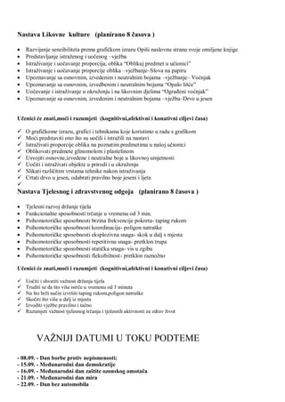 Nastava Likovne kulture (planirano 8 ĉasova )
 Razvijanje senzibiliteta prema grafiĉkom izrazu Opiši naslovnu stranu svoje omiljene knjige
 Predstavljanje istraţenog i uoĉenog –vjeţba
 Istraţivanje i uoĉavanje proporcija, oblika “Oblikuj predmet u uĉionici”
 Istraţivanje i uoĉavanje proporcije oblika –vjeţbanje–Slova na papiru
 Upoznavanje sa osnovnim, izvedenim i neutralnim bojama –vjeţbanje– Voćnjak
 Upoznavanje sa osnovnim, izvedbenim i neutralnim bojama “Opalo lišće”
 Uoĉavanje i istraţivanje u okruţenju i na likovnim djelima “OgraĊeni voćnjak”
 Upoznavanje sa osnovnim, izvedenim i neutralnim bojama –vjeţba–Drvo u jesen
Uĉenici će znati,moći i razumjeti (kognitivni,afektivni i konativni ciljevi ĉasa)
 O grafiĉkome izrazu, grafici i tehnikama koje koristimo u radu s grafikom
 Moći predstaviti ono što su uoĉili i istraţili na nastavi
 Istraţivati proporcije oblika na poznatim predmetima u našoj uĉionici
 Oblikovati predmete glinomolom i plastelinom
 Usvojiti osnovne,izvedene i neutralne boje u likovnoj umjetnosti
 Uoĉiti i istraţivati objekte u prirodi i u okruţenju
 Slikati razliĉitim vrstama tehnike nakon istraţivanja
 Crtati drvo u jesen, odabrati pravilno boje jeseni i ljeta

Nastava Tjelesnog i zdravstvenog odgoja (planirano 8 ĉasova )
 Tjelesni razvoj drţanje tijela
 Funkcionalne sposobnosti trĉanje u vremenu od 3 min.
 Psihomotoriĉke sposobnosti brzina frekvencije pokreta- taping rukom
 Psihomotoriĉke sposobnosti koordinacija- poligon natraške
 Psihomotoriĉke sposobnosti eksplozivna snaga- skok u dalj s mjesta
 Psihomotoriĉke sposobnosti repetitivna snaga- pretklon trupa
 Psihomotoriĉke sposobnosti statiĉka snaga- vis u zgibu
 Psihomotoriĉke sposobnosti fleksibilnost- pretklon raznoţno
Uĉenici će znati,moći i razumjeti (kognitivni,afektivni i konativni ciljevi ĉasa)
 Uoĉiti i shvatiti vaţnost drţanja tijela
 Truditi se da što više istrĉe u vremenu od 3 minuta
 Na što brţi naĉin izvršiti taping rukom,poligon natraške
 Skoĉiti što više u dalj iz mjesta
 Izvoditi vjeţbe pravilno i taĉno
 Razumjeti vaţnost tjelesnog trĉanja i tjelesnih aktivnosti za zdrav ţivot
VAŢNIJI DATUMI U TOKU PODTEME
- 08.09. - Dan borbe protiv nepismenosti;
- 15.09. - MeĊunarodni dan demokratije
- 16.09. - MeĊunarodni dan zaštite ozonskog omotaĉa
- 21.09. - MeĊunarodni dan mira
- 22.09. - Dan bez automobila
 