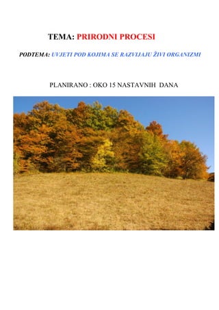 TEMA: PRIRODNI PROCESI
PODTEMA: UVJETI POD KOJIMA SE RAZVIJAJU ŽIVI ORGANIZMI
PLANIRANO : OKO 15 NASTAVNIH DANA
 