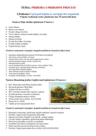 TEMA: PRIRODA I PRIRODNI PROCESI
2.Podtema:Uvjeti pod kojima se razvijaju ţivi organizmi
Vrijeme realizacije teme: planirano oko 15 nastavnih dana
Nastava Moje okoline (planirano 9 ĉasova )
 Lanci ishrane
 Razne vrste ishrana
 Ĉovjek i druga ţiva bića
 Veze i odnosi u ishrani izmeĊu biljaka i ţivotinja
 Ishrana biljaka
 Ishrana ţivotinja
 Ĉovjek bira biljke i ţivotinje
 Ĉovjek ureĊuje zemljište
 Uzgoj kućnog cvijeća
Uĉenici će znati,moći i razumjeti (kognitivni,afektivni i konativni ciljevi ĉasa)
 razumjeti meĊusobnu povezanost ţivih bića sa ĉovjekom
 znati ĉime se hrane biljke i ţivotinje
 shvatiti kako ĉovjek i na koji naĉin uzgaja kućno cvijeće
 estetsku namjenu uzgoja cvijeća u domovima
 nabrojati kućno cvijeće
 navesti karakteristike ţivih bića u jesen i zimu, proljeće i ljeto
 razumjeti da se u prirodi stalno dešavaju promjene,
 znati specifiĉna obiljeţja biljaka
 znati nabrojati osnovne dijelove biljaka
 znati osnovnu podjelu cvijeća
 razumjeti znaĉaj biljaka i cvijeća za ĉovjeka
Nastava Bosanskog jezika i knjiţevnosti (planirano 15 ĉasova )
 IKT: Moja baka (uoĉi Dana starijih osoba)
 Recitacija pjesmice Moja baka
 Azbuka-red slova u ćirilici
 IKT“ Jesenska šumska šala“-igrokaz u pjesmi
 Izvedba igrokaza u razredu sa maskama
 Ĉitanje štampanih tekstova ćirilice
 Uĉimo pisana slova ćirilice; A,E,O,J,M,K
 Pisana slova: Л;Н;И
 Vjeţba povezivanja pisanih slova
Uĉenici će znati,moći i razumjeti (kognitivni,afektivni i konativni ciljevi ĉasa)
 Razumjeti uvaţavanja i poštivanja starijih osoba,kao i pomoći starijima
 Pravilno i lijepo recitovati pjesmicu Moja baka
 Ispisati svoje ţelje i bogatiti svoj rijeĉnik , pisanje azbuke
 Usvojiti znanja o dramama, igrokazima,pojam didaskalija
 Moći izvesti priredbu u uĉionici sa maskama
 Uvjeţbati ĉiati tekstove štampanim slovima ćirilice
 Pisati i pravilno povezivati pisana slova ćirilice
 Pravilno i lijepo pisati pisana slova ćirilice A;E;O;J;K;M;Л;Н;И
 
