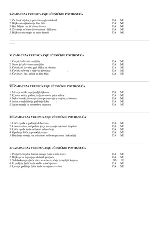 X.ZADACI ZA VREDNOVANјE UĈENIĈKIH POSTIGNUĆA
1. Za ţivot biljaka je potreban ugljendioksid DA NE
2. Biljke su najkorisnija ţiva bića DA NE
3. Bez biljaka ne bi bilo ni ţivota DA NE
4. Ţivotinje se hrane ţivotinjama i biljkama . DA NE
5. Biljke se ne mogu se same hraniti DA NE
________________________________________________________________________________________________________
____
XI.ZADACI ZA VREDNOVANјE UĈENIĈKIH POSTIGNUĆA
1. Ĉovjek kultiviše zemljište DA NE
2. Šuma je kultivisano zemljište DA NE
3. Ĉovjek od davnina gaji biljke za ishranu DA NE
4. Ĉovjek se brine o zdravlju ţivotinja . DA NE
5. Ĉovjekov rad utjeĉe na ţiva bića DA NE
________________________________________________________________________________________________________
____
XII.ZADACI ZA VREDNOVANјE UĈENIĈKIH POSTIGNUĆA
1. Mraz je veliki neprijatelj biljkama DA NE
2. U jesen svake godine javlja se seoba ptica selica DA NE
3. Neke šumske ţivotinje zimu prespavaju u svojim jazbinama DA NE
4. Jesen je najhladnije godišnje doba . DA NE
5. Jesen nastaje u novembru mjesecu DA NE
________________________________________________________________________________________________________
____
XIII.ZADACI ZA VREDNOVANјE UĈENIĈKIH POSTIGNUĆA
1. Lišće opada u godišnje doba zima DA NE
2. Listovi vehnu,kad poţute jer je sve manje svjetlosti i toplote DA NE
3. Lišće opada kada su listovi zelene boje DA NE
4. Opadanje lišća je prirodni proces . DA NE
5. HraĊanje nastaje uz prisutnost mikroorganzama (bakterija) DA NE
________________________________________________________________________________________________________
____
XIV.ZADACI ZA VREDNOVANјE UĈENIĈKIH POSTIGNUĆA
1. Proljeće ĉovjeku donosi mnogo posla u vrtu i njivi DA NE
2. Biljke prve najvaljuju dolazak proljeća DA NE
3. S dolaskom proljeća ptice se selice vraćaju iz toplijih krajeva DA NE
4. U proljeće ljudi kreĉe stabla u voćnjacima . DA NE
5. Ljeto je godišnje doba kada su najveće vreline DA NE
 