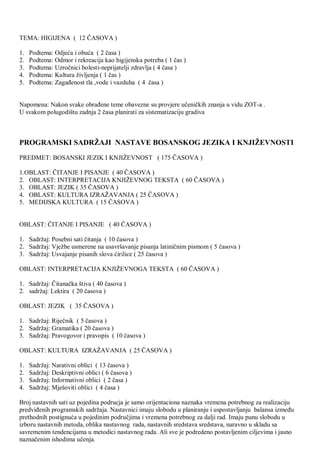 TEMA: HIGIJENA ( 12 ĈASOVA )
1. Podtema: Odjeća i obuća ( 2 ĉasa )
2. Podtema: Odmor i rekreacija kao higijenska potreba ( 1 ĉas )
3. Podtema: Uzroĉnici bolesti-neprijatelji zdravlja ( 4 ĉasa )
4. Podtema: Kultura ţivljenja ( 1 ĉas )
5. Podtema: ZagaĊenost tla ,vode i vazduha ( 4 ĉasa )
Napomena: Nakon svake obraĊene teme obavezne su provjere uĉeniĉkih znanja u vidu ZOT-a .
U svakom polugodištu zadnja 2 ĉasa planirati za sistematizaciju gradiva
PROGRAMSKI SADRŢAJI NASTAVE BOSANSKOG JEZIKA I KNJIŢEVNOSTI
PREDMET: BOSANSKI JEZIK I KNJIŢEVNOST ( 175 ĈASOVA )
1.OBLAST: ĈITANJE I PISANJE ( 40 ĈASOVA )
2. OBLAST: INTERPRETACIJA KNJIŢEVNOG TEKSTA ( 60 ĈASOVA )
3. OBLAST: JEZIK ( 35 ĈASOVA )
4. OBLAST: KULTURA IZRAŢAVANJA ( 25 ĈASOVA )
5. MEDIJSKA KULTURA ( 15 ĈASOVA )
OBLAST: ĈITANJE I PISANJE ( 40 ĈASOVA )
1. Sadrţaj: Posebni sati ĉitanja ( 10 ĉasova )
2. Sadrţaj: Vjeţbe usmerene na usavršavanje pisanja latiniĉnim pismom ( 5 ĉasova )
3. Sadrţaj: Usvajanje pisanih slova ćirilice ( 25 ĉasova )
OBLAST: INTERPRETACIJA KNJIŢEVNOGA TEKSTA ( 60 ĈASOVA )
1. Sadrţaj: Ĉitanaĉka štiva ( 40 ĉasova )
2. sadrţaj: Lektira ( 20 ĉasova )
OBLAST: JEZIK ( 35 ĈASOVA )
1. Sadrţaj: Rijeĉnik ( 5 ĉasova )
2. Sadrţaj: Gramatika ( 20 ĉasova )
3. Sadrţaj: Pravogovor i pravopis ( 10 ĉasova )
OBLAST: KULTURA IZRAŢAVANJA ( 25 ĈASOVA )
1. Sadrţaj: Narativni oblici ( 13 ĉasova )
2. Sadrţaj: Deskriptivni oblici ( 6 ĉasova )
3. Sadrţaj: Informativni oblici ( 2 ĉasa )
4. Sadrţaj: Mješoviti oblici ( 4 ĉasa )
Broj nastavnih sati uz pojedina podrucja je samo orijentaciona naznaka vremena potrebnog za realizaciju
predviĊenih programskih sadrţaja. Nastavnici imaju slobodu u planiranju i uspostavljanju balansa izmeĊu
prethodnih postignuća u pojedinim podruĉjima i vremena potrebnog za dalji rad. Imaju punu slobodu u
izboru nastavnih metoda, oblika nastavnog rada, nastavnih sredstava sredstava, naravno u skladu sa
savremenim tendencijama u metodici nastavnog rada. Ali sve je podredeno postavljenim ciljevima i jasno
naznaĉenim ishodima uĉenja.
 