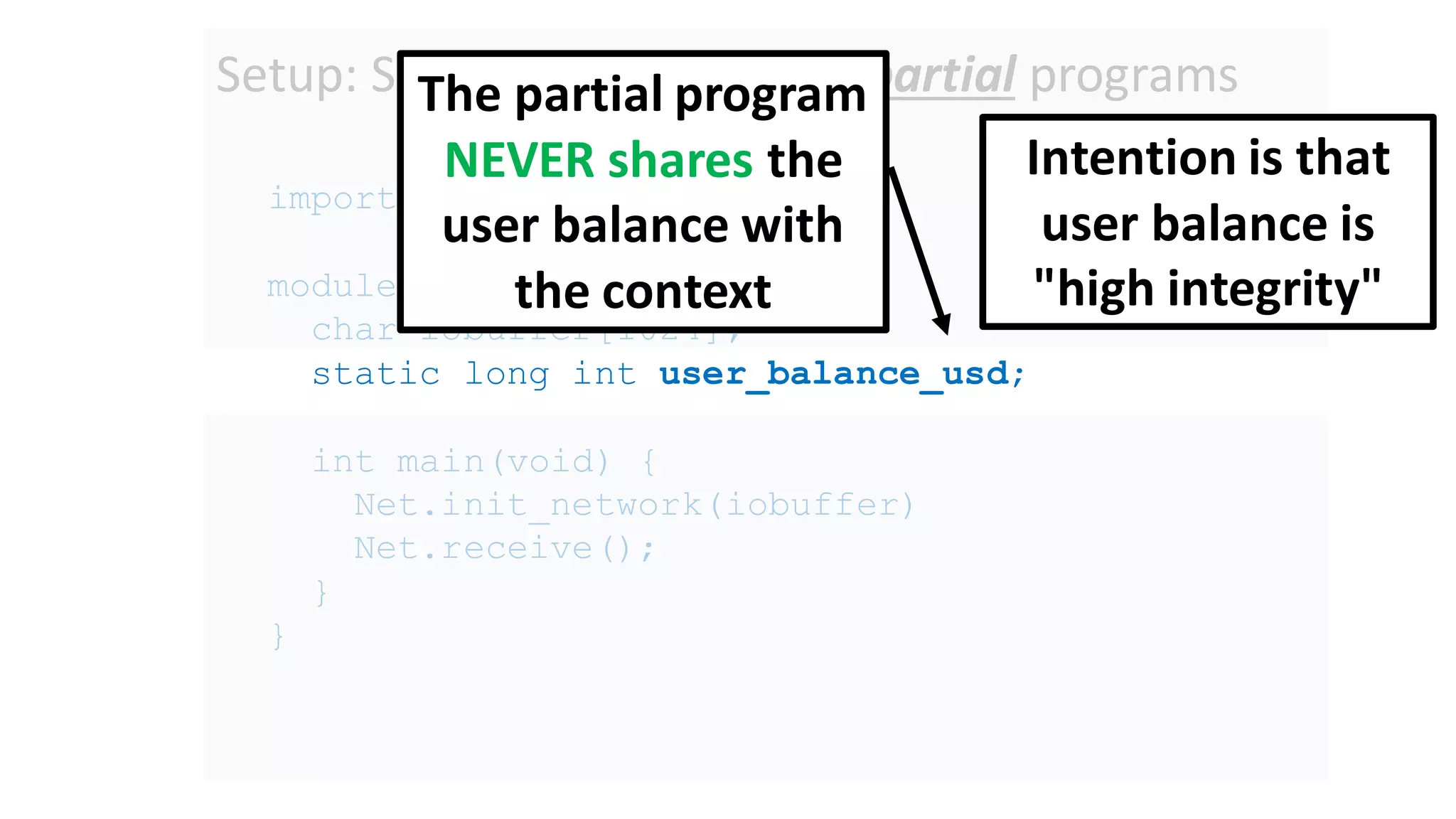 Setup: Secure compilation of partial programs
import module Net
module Main {
char iobuffer[1024];
static long int user_balance_usd;
int main(void) {
Net.init_network(iobuffer)
Net.receive();
}
}
The partial program
NEVER shares the
user balance with
the context
Intention is that
user balance is
"high integrity"
 