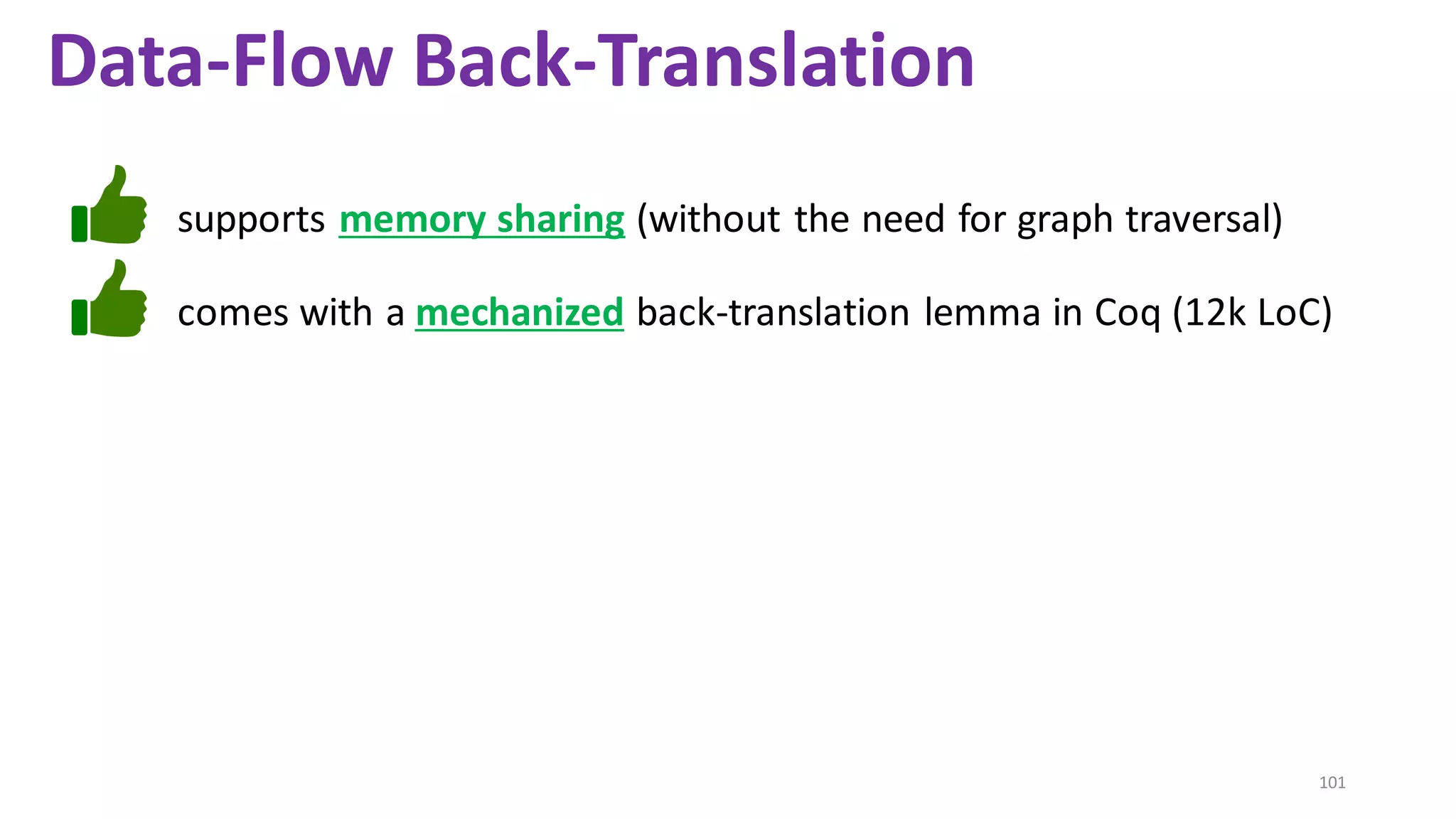 101
supports memory sharing (without the need for graph traversal)
Data-Flow Back-Translation
comes with a mechanized back-translation lemma in Coq (12k LoC)
 