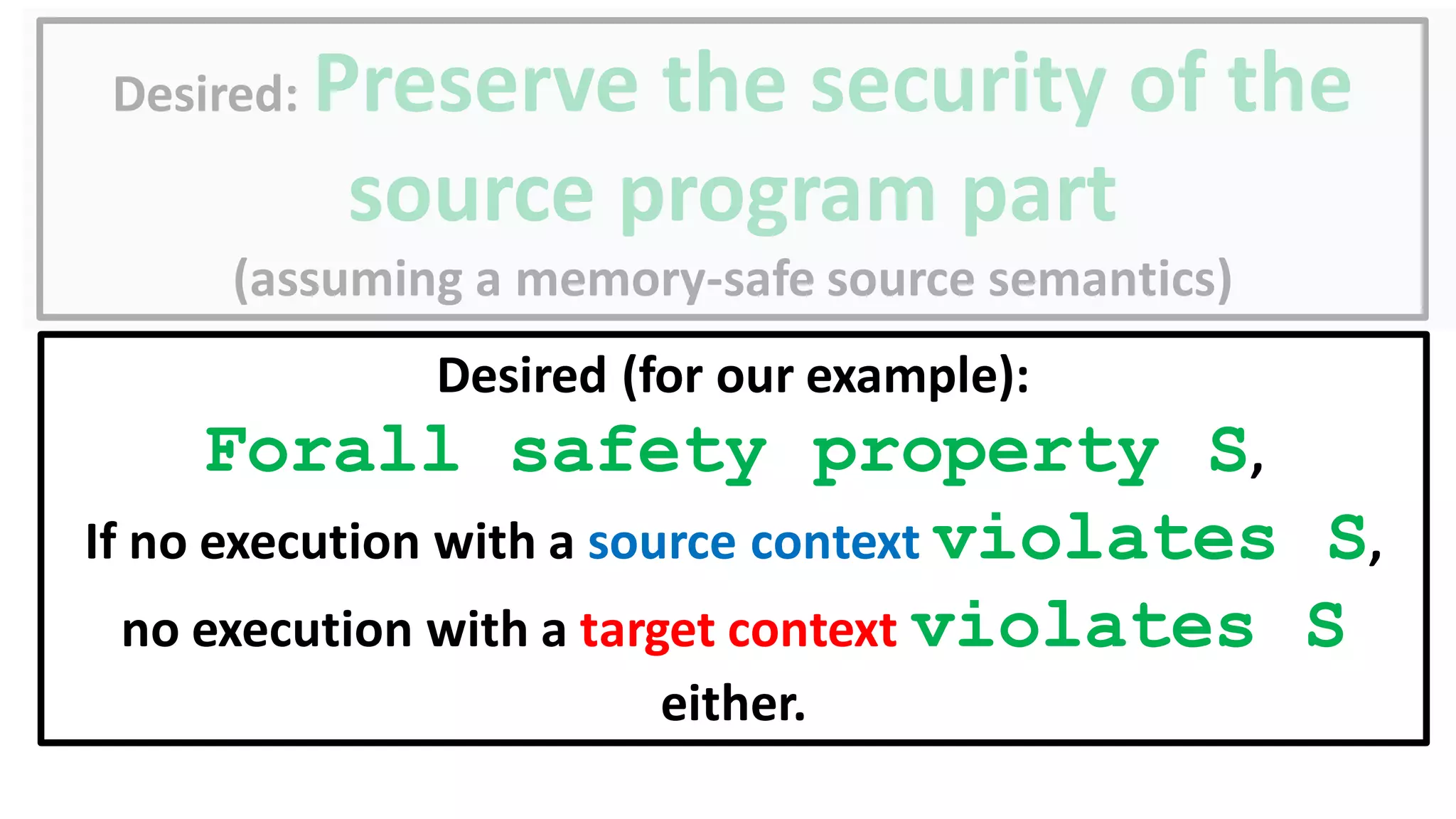 Desired: Preserve the security of the
source program part
(assuming a memory-safe source semantics)
Desired (for our example):
Forall safety property S,
If no execution with a source context violates S,
no execution with a target context violates S
either.
 