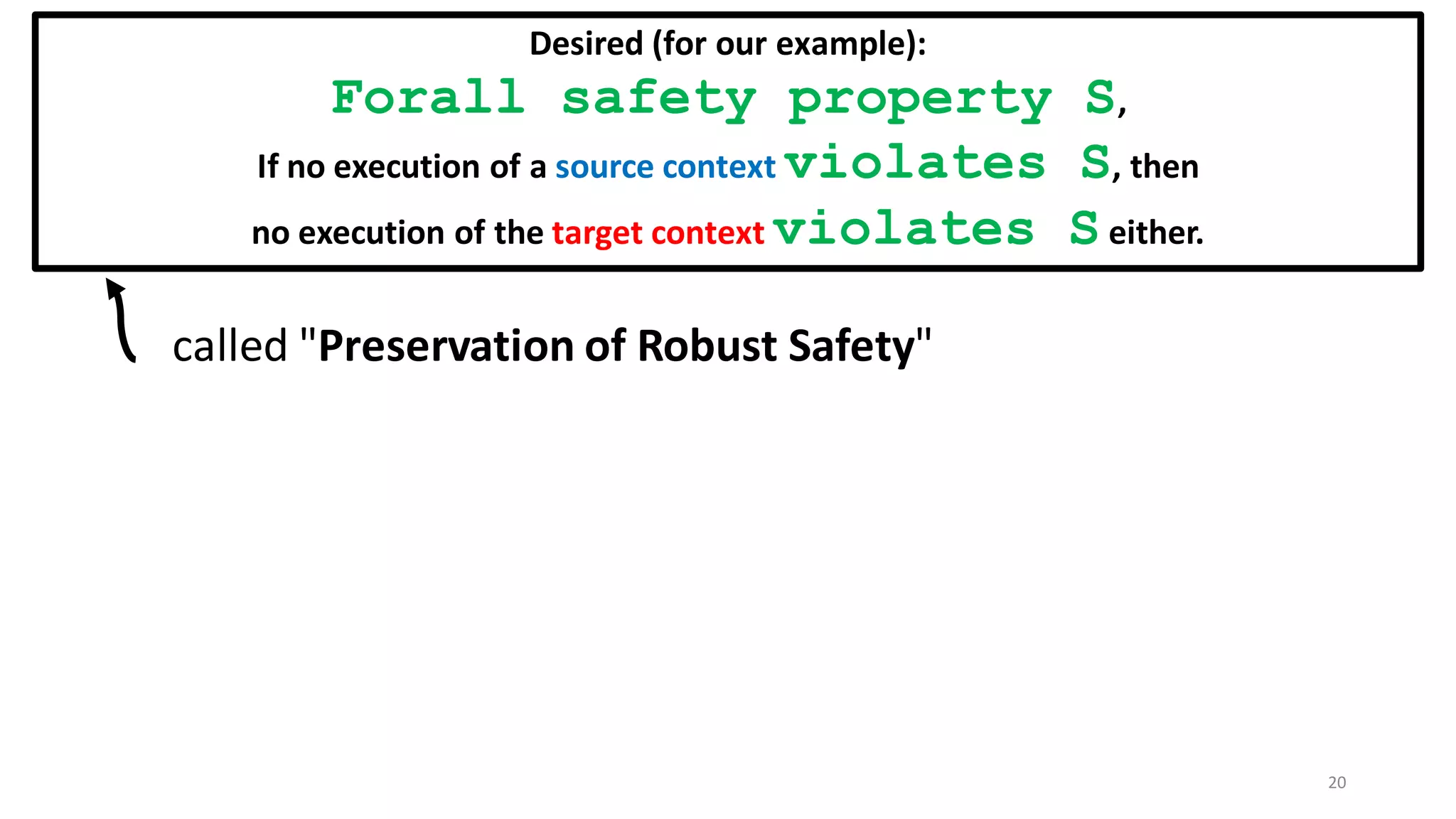 called "Preservation of Robust Safety"
Desired (for our example):
Forall safety property S,
If no execution of a source context violates S, then
no execution of the target context violates Seither.
20
 