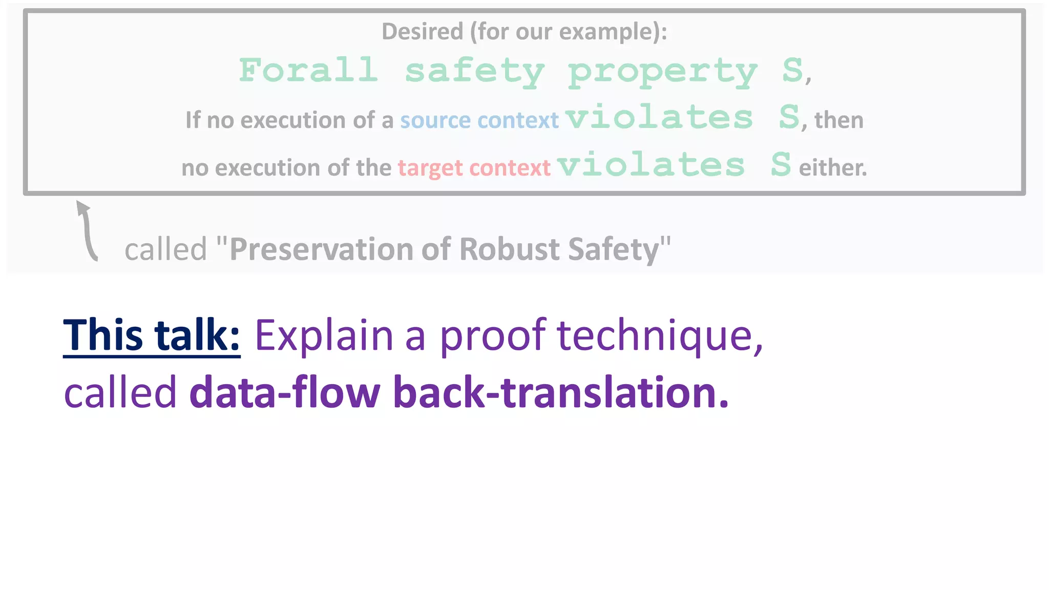called "Preservation of Robust Safety"
Desired (for our example):
Forall safety property S,
If no execution of a source context violates S, then
no execution of the target context violates Seither.
This talk: Explain a proof technique,
called data-flow back-translation.
 