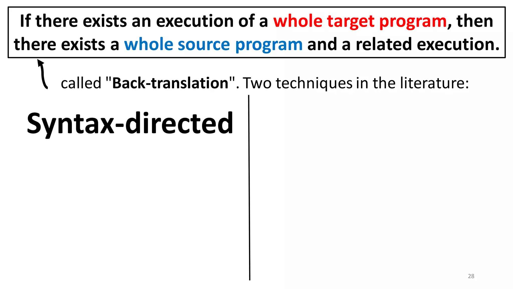 called "Back-translation". Two techniques in the literature:
Syntax-directed
28
If there exists an execution of a whole target program, then
there exists a whole source program and a related execution.
 
