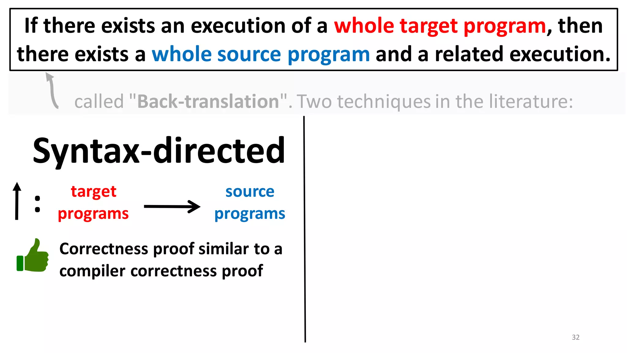 called "Back-translation". Two techniques in the literature:
Syntax-directed
target
programs
: source
programs
Correctness proof similar to a
compiler correctness proof
32
If there exists an execution of a whole target program, then
there exists a whole source program and a related execution.
 