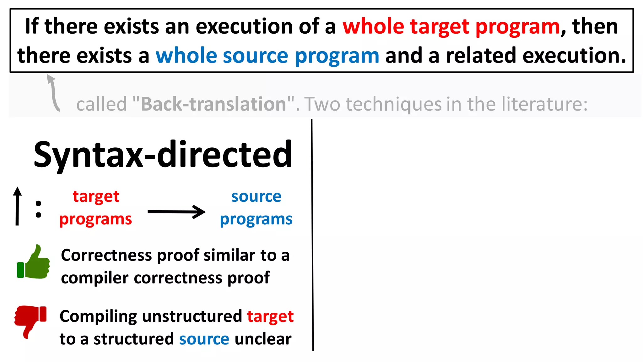 called "Back-translation". Two techniques in the literature:
Syntax-directed
target
programs
: source
programs
Correctness proof similar to a
compiler correctness proof
Compiling unstructured target
to a structured source unclear
If there exists an execution of a whole target program, then
there exists a whole source program and a related execution.
 