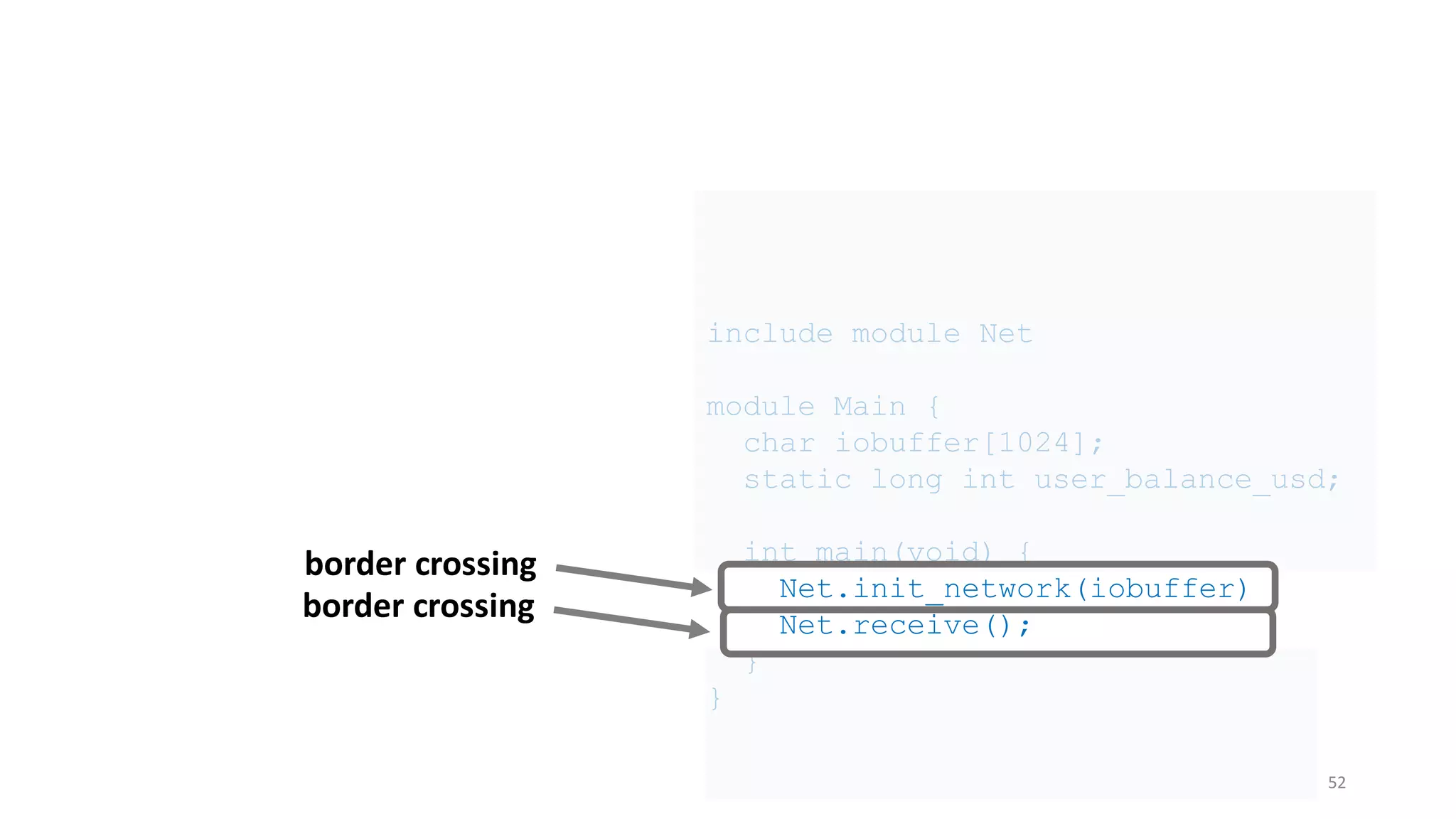 include module Net
module Main {
char iobuffer[1024];
static long int user_balance_usd;
int main(void) {
Net.init_network(iobuffer)
Net.receive();
}
}
52
border crossing
border crossing
 