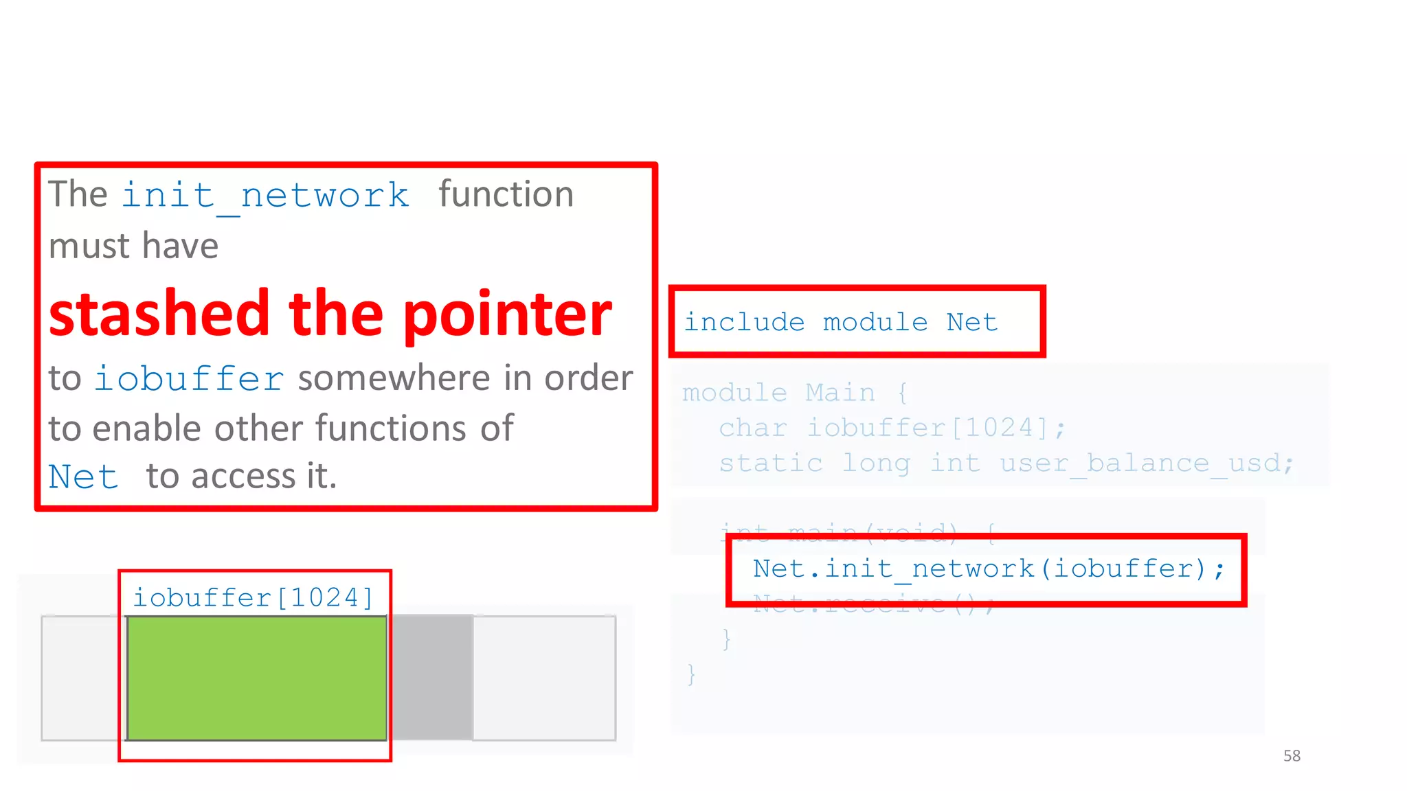 include module Net
module Main {
char iobuffer[1024];
static long int user_balance_usd;
int main(void) {
Net.init_network(iobuffer);
Net.receive();
}
}
58
iobuffer[1024]
The init_network function
must have
stashed the pointer
to iobuffer somewhere in order
to enable other functions of
Net to access it.
 