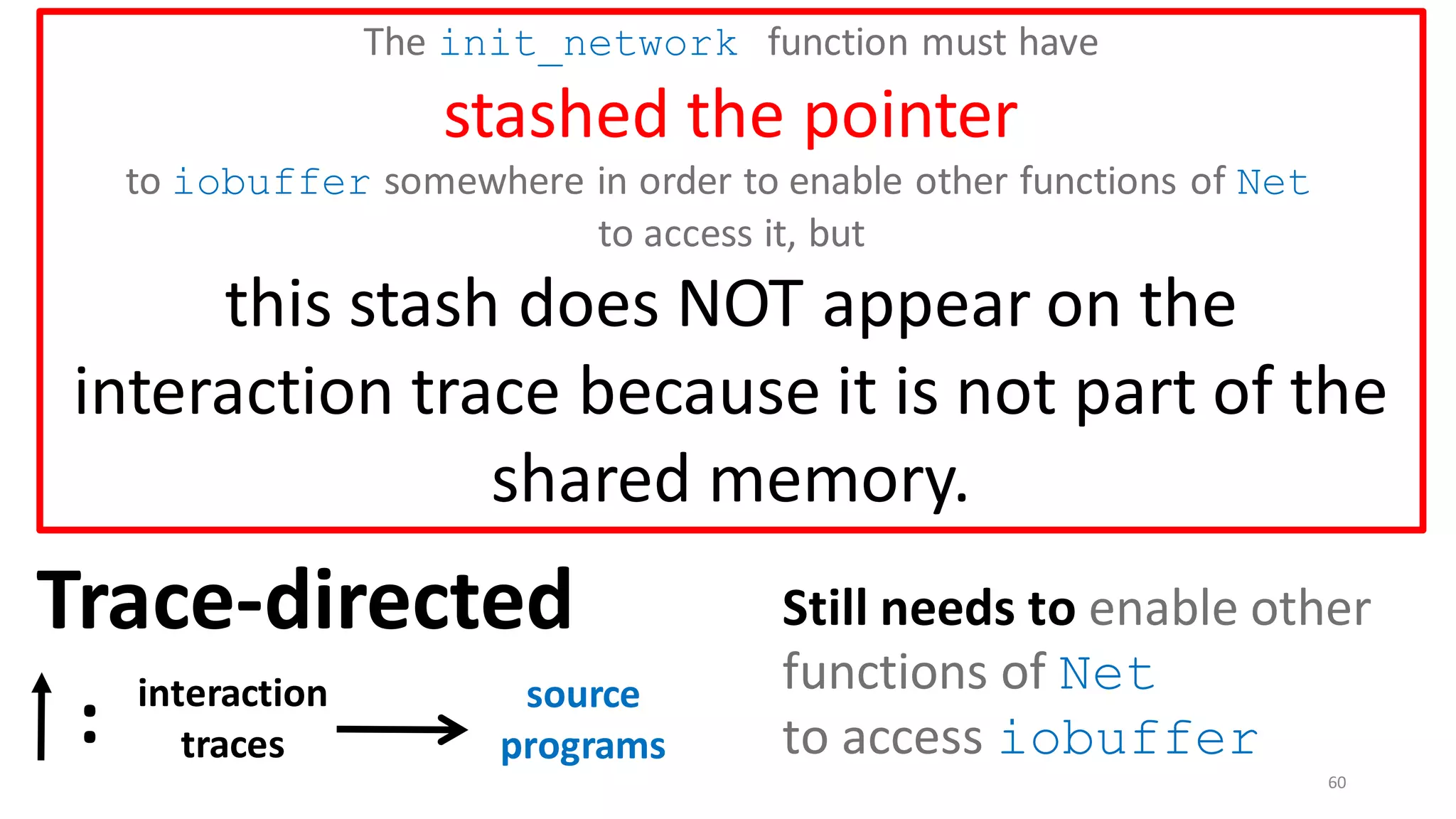 60
The init_network function must have
stashed the pointer
to iobuffer somewhere in order to enable other functions of Net
to access it, but
this stash does NOT appear on the
interaction trace because it is not part of the
shared memory.
Trace-directed
interaction
traces
: source
programs
Still needs to enable other
functions of Net
to access iobuffer
 