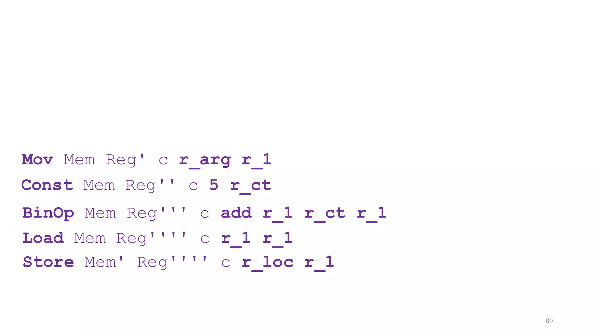 89
Mov Mem Reg' c r_arg r_1
Const Mem Reg'' c 5 r_ct
BinOp Mem Reg''' c add r_1 r_ct r_1
Load Mem Reg'''' c r_1 r_1
Store Mem' Reg'''' c r_loc r_1
 