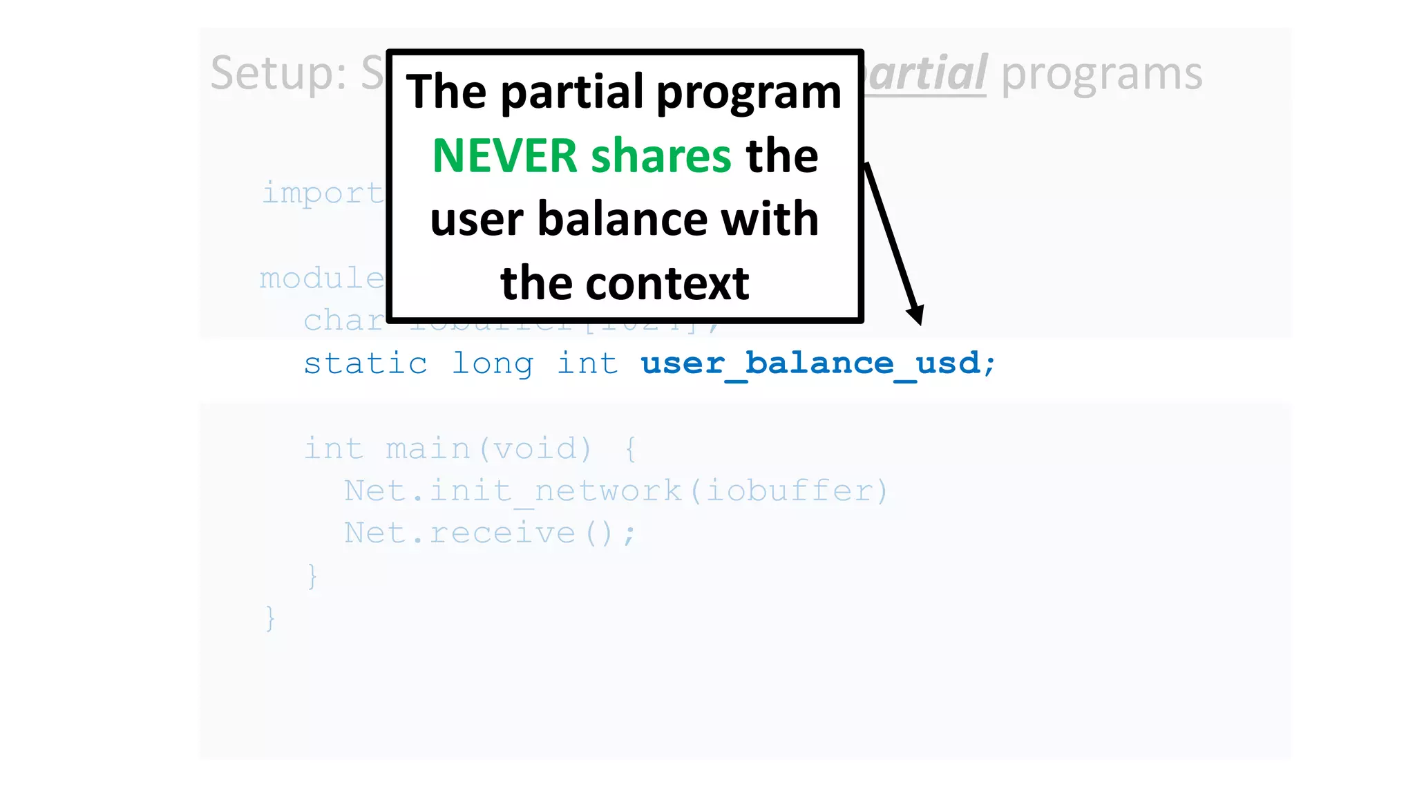 Setup: Secure compilation of partial programs
import module Net
module Main {
char iobuffer[1024];
static long int user_balance_usd;
int main(void) {
Net.init_network(iobuffer)
Net.receive();
}
}
The partial program
NEVER shares the
user balance with
the context
 