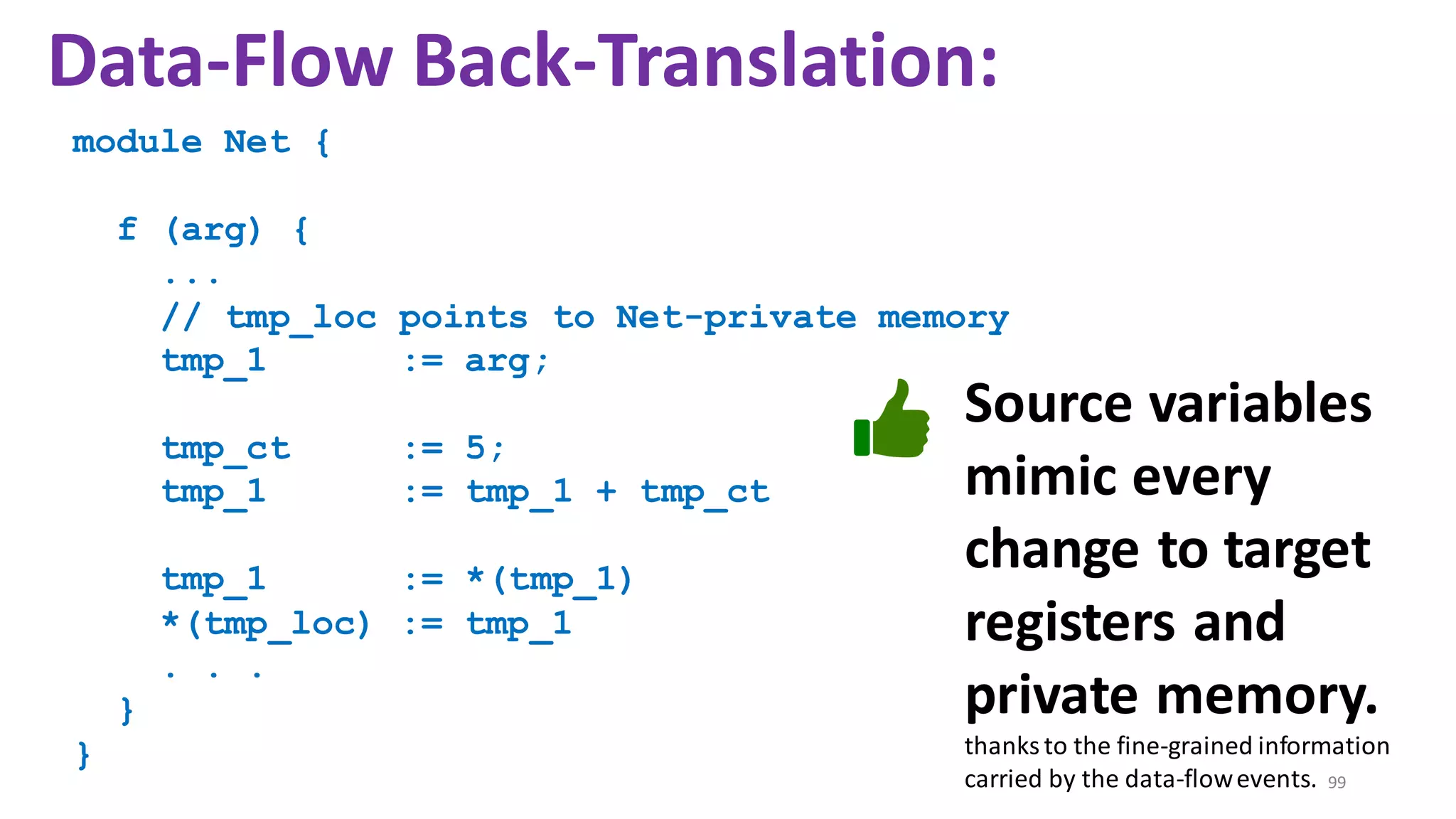 module Net {
f (arg) {
...
// tmp_loc points to Net-private memory
tmp_1 := arg;
tmp_ct := 5;
tmp_1 := tmp_1 + tmp_ct
tmp_1 := *(tmp_1)
*(tmp_loc) := tmp_1
. . .
}
}
99
Data-Flow Back-Translation:
Source variables
mimic every
change to target
registers and
private memory.
thanks to the fine-grained information
carried by the data-flowevents.
 