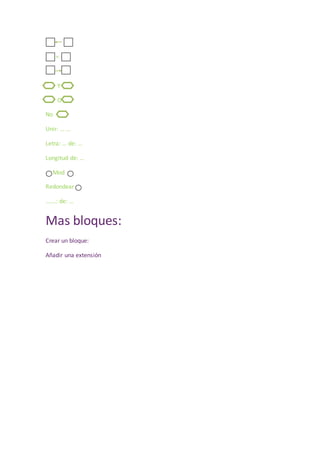 =
Y
O
No
Unir: … …
Letra: … de: …
Longitud de: …
Mod
Redondear
…….: de: …
Mas bloques:
Crear un bloque:
Añadir una extensión
 