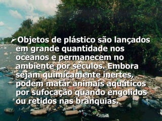 Objetos de plástico são lançados em grande quantidade nos oceanos e permanecem no ambiente por séculos. Embora sejam quimicamente inertes, podem matar animais aquáticos por sufocação quando engolidos ou retidos nas brânquias.   