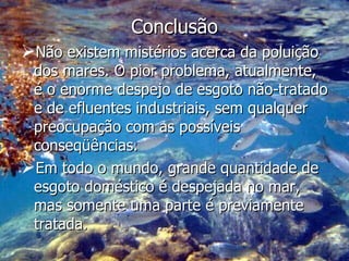 Conclusão Não existem mistérios acerca da poluição dos mares. O pior problema, atualmente, é o enorme despejo de esgoto não-tratado e de efluentes industriais, sem qualquer preocupação com as possíveis conseqüências. Em todo o mundo, grande quantidade de esgoto doméstico é despejada no mar, mas somente uma parte é previamente tratada. 