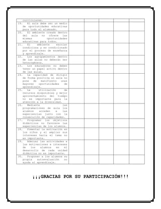 curriculares.
19. El aula debe ser un medio
de oportunidades educativas
para todo el alumnado.
20. El ambiente creado dentro
del aula no ofrece las
mismas oportunidades
educativas para todos.
21. El ambiente escolar
condiciona y es condicionado
por el proceso de enseñanza
y aprendizaje.
22. Los agrupamientos dentro
de las aulas no deberán ser
heterogéneos.
23. Los educadores no deben
tener un papel activo dentro
de las aulas.
24. La capacidad de dirigir
de forma positiva el aula no
pone de manifiesto unas
mayores oportunidades de
aprendizaje.
25. La utilización de
recursos disponibles y mejor
aprovechamiento del tiempo
no es importante para la
atención a la diversidad.
26. Mediante las
programaciones de aula los
alumnos acceden a las
experiencias junto con la
consecución de capacidades.
27. Programar los objetivos
didácticos no favorece las
experiencias de los alumnos.
28. Fomentar la motivación en
los niños y el ampliar sus
intereses hacia el tema no
es importante.
29. Adecuar las actividades a
las motivaciones e intereses
de los alumnos en el
desarrollo de cada unidad
didáctica no es importante.
30. Proponer a los alumnos su
propia autoevaluación no
ayuda al aprendizaje.
¡¡¡GRACIAS POR SU PARTICIPACIÓN!!!
 