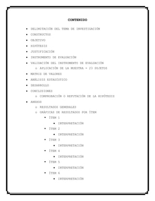 CONTENIDO
DELIMITACIÓN DEL TEMA DE INVESTIGACIÓN
CONSTRUCTOS
OBJETIVO
HIPÓTESIS
JUSTIFICACIÓN
INSTRUMENTO DE EVALUACIÓN
VALIDACIÓN DEL INSTRUMENTO DE EVALUACIÓN
o APLICACIÓN DE LA MUESTRA = 23 SUJETOS
MATRIZ DE VALORES
ANÁLISIS ESTADÍSTICO
DESARROLLO
CONCLUSIONES
o COMPROBACIÓN O REFUTACIÓN DE LA HIPÓTESIS
ANEXOS
o RESULTADOS GENERALES
o GRÁFICAS DE RESULTADOS POR ÍTEM
 ÍTEM 1
INTERPRETACIÓN
 ÍTEM 2
INTERPRETACIÓN
 ÍTEM 3
INTERPRETACIÓN
 ÍTEM 4
INTERPRETACIÓN
 ÍTEM 5
INTERPRETACIÓN
 ÍTEM 6
INTERPRETACIÓN
 