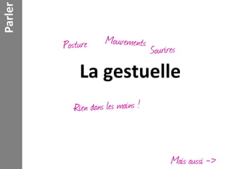Parler




         La gestuelle



                   Mais aussi ->
 