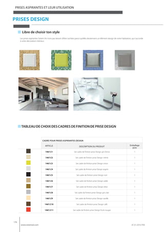 176
www.sistemair.com rif. 01-2016 FRA
Les prises aspirantes Sistem Air n’ont pas besoin d’être cachées parce qu’elles deviennent un élément design de votre habitation, qui s’accorde
à votre décoration intérieur.
Libre de choisir ton style
TABLEAUDECHOIXDESCADRESDEFINITIONDEPRISEDESIGN
CADRE POUR PRISES ASPIRANTES DESIGN
ARTICLE DESCRIPTION DU PRODUIT
Emballage
pces
1467.C1 Set cadre de finition prise Design gris foncé 1
1467.C2 Set cadre de finition prise Design crème 1
1467.C3 Set cadre de finition prise Design citron 1
1467.C4 Set cadre de finition prise Design argent 1
1467.C5 Set cadre de finition prise Design noir 1
1467.C6 Set cadre de finition prise Design sable 1
1467.C7 Set cadre de finition prise Design olive 1
1467.C8 Set cadre de finition prise Design gris clair 1
1467.C9 Set cadre de finition prise Design vanille 1
1467.C10 Set cadre de finition prise Design café 1
1467.C11 Set cadre de finition prise Design fruits rouges 1
PRISES DESIGN
PRISES ASPIRANTES ET LEUR UTILISATION
 