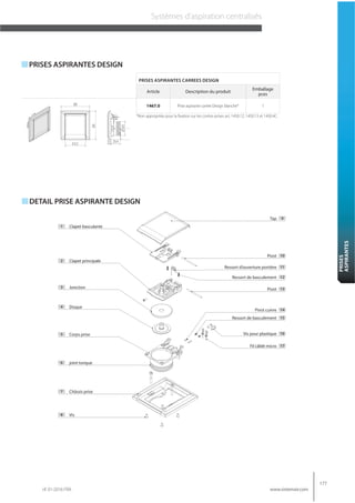 rif. 01-2016 FRA
177
www.sistemair.com
PRISES
ASPIRANTES
Systèmes d’aspiration centralisés
DETAIL PRISE ASPIRANTE DESIGN
9
10
13
12
11
14
15
16
17
6
7
8
1
2
3
4
5
Tap
Pivot
Pivot
Ressort de basculement
Ressort d’ouverture portière
Pivot cuivre
Ressort de basculement
Vis pour plastique
Fil câblé micro
joint torique
Châssis prise
Vis
Clapet basculante
Clapet principale
Jonction
Disque
Corps prise
PRISES ASPIRANTES CARREES DESIGN
Article Description du produit
Emballage
pces
1467.0 Prise aspirante carrée Design blanche* 1
PRISES ASPIRANTES DESIGN
*Non appropriée pour la fixation sur les contre-prises art. 1450.12, 1450.13 et 1450.4C.
88
9,5 29,4
Ø43
63,5
88
 