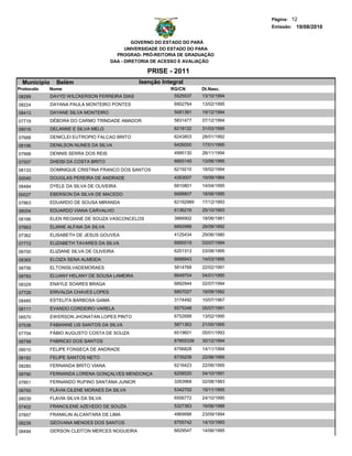 Página: 12
                                                                                     Emissão: 19/08/2010


                                                GOVERNO DO ESTADO DO PARÁ
                                             UNIVERSIDADE DO ESTADO DO PARA
                                         PROGRAD- PRÓ-REITORIA DE GRADUAÇÃO
                                       DAA - DIRETORIA DE ACESSO E AVALIAÇÃO

                                                    PRISE - 2011
  Municipio     Belém                            Isenção Integral
Protocolo   Nome                                            RG/CN       Dt.Nasc.
08299         DAVYD WILCKERSON FERREIRA DIAS                 5525537    13/10/1994
08224         DAYANA PAULA MONTEIRO PONTES                   6902764    13/02/1995
08413         DAYANE SILVA MONTEIRO                          5081361    19/12/1994
07719         DÉBORA DO CARMO TRINDADE AMADOR                5831477    07/12/1994
08016         DELANNE E SILVA MELO                           6218122    31/03/1995

07688         DENICLEI EUTROPIO FALCAO BRITO                 6243803    28/01/1992

08196         DENILSON NUNES DA SILVA                        6426000    17/01/1995
07998         DENNIS SERRA DOS REIS                          4995130    26/11/1994

07507         DHEISI DA COSTA BRITO                          6893145    13/06/1995
08133         DOMINIQUE CRISTINA FRANCO DOS SANTOS           6219210    18/02/1994

00040         DOUGLAS PEREIRA DE ANDRADE                     4353007    19/09/1984
08484         DYELE DA SILVA DE OLIVEIRA                     6810801    14/04/1995
00027         EBERSON DA SILVA DE MACEDO                     6688807    18/06/1995
07863         EDUARDO DE SOUSA MIRANDA                       62192989   17/12/1993
08054         EDUARDO VIANA CARVALHO                         6136216    25/10/1993
08166         ELEN REGIANE DE SOUZA VASCONCELOS              3866902    18/06/1981
07663         ELIANE ALFAIA DA SILVA                         6892988    26/09/1992
07362         ELISABETH DE JESUS GOUVEA                      4125434    29/06/1980
07772         ELIZABETH TAVARES DA SILVA                     6895519    03/07/1994
08700         ELIZIANE SILVA DE OLIVEIRA                     6201313    03/08/1995
08365         ELOIZA SENA ALMEIDA                            6688943    14/03/1995
08756         ELTONSILVADEMORAES                             5814768    22/02/1991
08783         ELUANY HELANY DE SOUSA LAMEIRA                 6649704    04/01/1995

08329         ENAYLE SOARES BRAGA                            6892944    02/07/1994
07729         ERIVALDA CHAVES LOPES                          6857027    19/09/1992
08485         ESTELITA BARBOSA GAMA                          3174492    10/07/1967
08111         EVANDO CORDEIRO VARELA                         6575348    05/07/1991

08570         EWERSON JHONATAN LOPES PINTO                   6752688    13/02/1995

07538         FABIANNE LIS SANTOS DA SILVA                   5871363    21/05/1995
07704         FÁBIO AUGUSTO COSTA DE SOUZA                   6519601    05/01/1993
08799         FABRICIO DOS SANTOS                            67855339   30/12/1994
08010         FELIPE FONSECA DE ANDRADE                      6756828    14/11/1994
08192         FELIPE SANTOS NETO                             6735239    22/06/1995
08280         FERNANDA BRITO VIANA                           6216423    22/06/1995
08790         FERNANDA LORENA GONÇALVES MENDONÇA             6258520    04/10/1991
07851         FERNANDO RUFINO SANTANA JUNIOR                 3263968    02/08/1983
08765         FLÁVIA CILENE MORAES DA SILVA                  5342702    15/11/1995
08039         FLAVIA SILVA DA SILVA                          6556772    24/10/1990
07402         FRANCILENE AZEVEDO DE SOUZA                    5327363    19/06/1988
07857         FRANKLIN ALCANTARA DE LIMA                     4969998    23/09/1994
08239         GEOVANA MENDES DOS SANTOS                      6755742    14/10/1993
08494         GERSON CLEITON MERCES NOGUEIRA                 6829547    14/06/1995
 