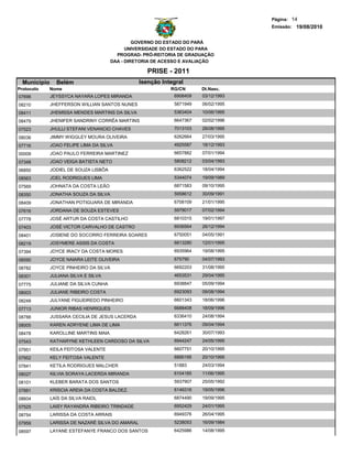Página: 14
                                                                                     Emissão: 19/08/2010


                                                 GOVERNO DO ESTADO DO PARÁ
                                              UNIVERSIDADE DO ESTADO DO PARA
                                          PROGRAD- PRÓ-REITORIA DE GRADUAÇÃO
                                        DAA - DIRETORIA DE ACESSO E AVALIAÇÃO

                                                     PRISE - 2011
  Municipio     Belém                             Isenção Integral
Protocolo   Nome                                             RG/CN      Dt.Nasc.
07696         JEYSSYCA NAYARA LOPES MIRANDA                   6908409   03/12/1993
08210         JHEFFERSON WILLIAN SANTOS NUNES                 5871949   06/02/1995
08411         JHEMISSA MENDES MARTINS DA SILVA                5363404   10/06/1995
08479         JHENIFER SANDRINY CORRÊA MARTINS                6647367   02/02/1996
07523         JHULLI STEFANI VENANCIO CHAVES                  7013103   28/08/1995

08036         JIMMY WIGGLEY MOURA OLIVEIRA                    6262664   27/03/1995

07716         JOAO FELIPE LIMA DA SILVA                       4925587   18/12/1993
00009         JOAO PAULO FERREIRA MARTINEZ                    6657882   07/01/1994

07348         JOAO VEIGA BATISTA NETO                         5808212   03/04/1993
06850         JODIEL DE SOUZA LISBÔA                          6362522   18/04/1994

08563         JOEL RODRIGUES LIMA                             5344074   19/09/1989
07569         JOHNATA DA COSTA LEÃO                           6871583   09/10/1995
08350         JONATHA SOUZA DA SILVA                          5958612   30/09/1991
08409         JONATHAN POTIGUARA DE MIRANDA                   6708109   21/01/1995
07616         JORDANA DE SOUZA ESTEVES                        5979017   07/02/1994
07778         JOSÉ ARTUR DA COSTA CASTILHO                    6810315   19/01/1997
07403         JOSÉ VICTOR CARVALHO DE CASTRO                  6936564   26/12/1994
08401         JOSIENE DO SOCORRO FERREIRA SOARES              6750051   04/05/1991
08219         JOSYMERE ASSIS DA COSTA                         6813280   12/01/1995
07394         JOYCE IRACY DA COSTA MORES                      6935964   19/08/1995
08590         JOYCE NAIARA LEITE OLIVEIRA                     675790    04/07/1993
08782         JOYCE PINHEIRO DA SILVA                         6692203   31/08/1995
08301         JULIANA SILVA E SILVA                           4653531   29/04/1995

07775         JULIANE DA SILVA CUNHA                          6938847   05/09/1994
08003         JULIANE RIBEIRO COSTA                           6923093   09/08/1994
08248         JULYANE FIGUEIREDO PINHEIRO                     6601343   18/06/1996
07713         JUNIOR RIBAS HENRIQUES                          6688408   18/09/1996

08788         JUSSARA CECILIA DE JESUS LACERDA                6336410   24/08/1994

08005         KAREN ADRYENE LIMA DE LIMA                      6611376   09/04/1994
08478         KAROLLINE MARTINS MAIA                          6428261   30/07/1993
07543         KATHARYNE KETHLEEN CARDOSO DA SILVA             6944247   24/05/1995
07951         KEILA FEITOSA VALENTE                           6607751   20/10/1995
07952         KELY FEITOSA VALENTE                            6895195   20/10/1995
07841         KETILA RODRIGUES MALCHER                        51883     24/03/1994
08027         KILVIA SORAYA LACERDA MIRANDA                   6104185   11/06/1995
08101         KLEBER BARATA DOS SANTOS                        5937907   25/05/1992
07881         KRISCIA AREIA DA COSTA BALDEZ.                  6146316   19/05/1996
08604         LAÍS DA SILVA RAIOL                             6874490   19/09/1995
07525         LAISY RAYANDRA RIBEIRO TRINDADE                 6952429   24/01/1995
08754         LARISSA DA COSTA ARRAIS                         6949376   26/04/1995
07959         LARISSA DE NAZARÉ SILVA DO AMARAL               5238053   16/09/1984
08597         LAYANE ESTEFANYE FRANCO DOS SANTOS              6425986   14/08/1995
 