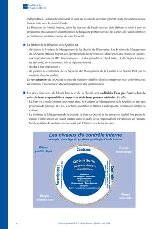 indépendance. Le rattachement idéal se situe au niveau du directeur général ou du président avec une
    liaison forte avec le comité d'audit.
    La Direction de l'Audit Interne, selon les normes de l'audit interne, doit élaborer et tenir à jour un
    programme d'assurance et d'amélioration de la qualité portant sur tous les aspects de l'audit interne et
    permettant un contrôle continu de son efficacité.

    La finalité de la Direction de la Qualité est :
    - d'élaborer le Système de Management de la Qualité de l'Entreprise. Un Système de Management
       de la Qualité efficace fournit aux opérationnels des référentiels : description des processus (proces-
       sus de production, de RH, Informatiques,…), des procédures (check lists,…), des règles à respec-
       ter (sécurité, environnement, lois et réglementation) ;
    - d'aider à leur application ;
    - de garantir la conformité de ce Système de Management de la Qualité à la Norme ISO, par la
       conduite d'audits qualité.
    Le rattachement de la Qualité se situe de manière variable selon les entreprises mais cohérente avec
    l'orientation d'assistance et d'accompagnement des opérationnels.

    Les deux directions, de l'Audit Interne et de la Qualité sont auditables l'une par l'autre, dans le
    cadre de leurs responsabilités respectives et de leurs propres méthodes. En effet :
    - Le Service d'Audit Interne peut entrer dans le Système de Management de la Qualité, en tant que
      processus de pilotage, et il est, à ce titre, auditable en termes d'audit qualité, de manière interne ou
      externe.
    - Le Système de Management de la Qualité, le Service Qualité et les processus qualité font partie du
      champ d'intervention de l'audit interne dans le cadre de sa responsabilité d'évaluation de l'ensem-
      ble du système de contrôle interne ainsi que l'illustre le schéma suivant :



                       Les niveaux de contrôle interne
                       exemple : bouclage du système qualité par l’audit interne

             Risque                                                                              Risque
           qualité client                                                                      économique




              Risque                                                                              Risque
                                                                                                 industriel
           informatique




6                               Prise de position IFACI / Audit Interne - Qualité / mai 2004
 