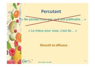 Percutant
« Ne pensez-vous pas qu’il soit préférable… »


    « Le mieux pour vous, c’est de… »



              Directif et efficace



       ©                                    19
           Prise de RDV - juin 2012
 