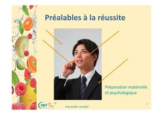 Préalables à la réussite




                                     Préparation matérielle
                                     et psychologique
©
      ©                                                   5
          Prise de RDV - juin 2012
 
