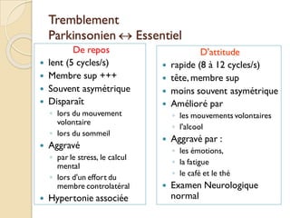 Tremblement
Parkinsonien  Essentiel
De repos
 lent (5 cycles/s)
 Membre sup +++
 Souvent asymétrique
 Disparaît
◦ lors du mouvement
volontaire
◦ lors du sommeil
 Aggravé
◦ par le stress, le calcul
mental
◦ lors d'un effort du
membre controlatéral
 Hypertonie associée
D'attitude
 rapide (8 à 12 cycles/s)
 tête, membre sup
 moins souvent asymétrique
 Amélioré par
◦ les mouvements volontaires
◦ l'alcool
 Aggravé par :
◦ les émotions,
◦ la fatigue
◦ le café et le thé
 Examen Neurologique
normal
 