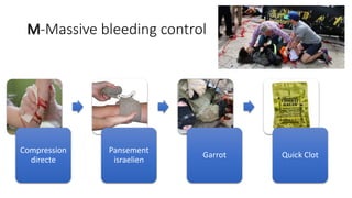 M-Massive bleeding control
Compression
directe
Pansement
israelien
Garrot Quick Clot
 