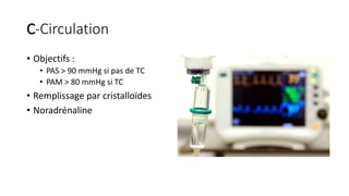 C-Circulation
• Objectifs :
• PAS > 90 mmHg si pas de TC
• PAM > 80 mmHg si TC
• Remplissage par cristalloïdes
• Noradrénaline
 