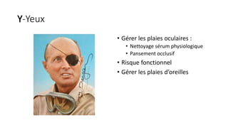 Y-Yeux
• Gérer les plaies oculaires :
• Nettoyage sérum physiologique
• Pansement occlusif
• Risque fonctionnel
• Gérer les plaies d’oreilles
 