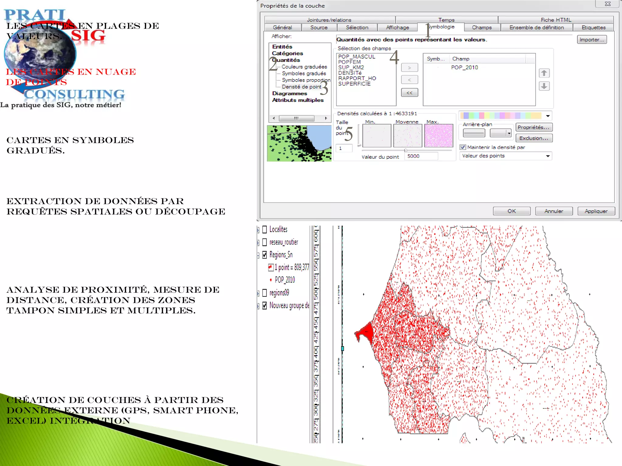 Extraction de données par
requêtes spatiales ou découpage
Les cartes en plages de
valeurs.
Cartes en symboles
gradués.
Les cartes en nuage
de points
Analyse de proximité, mesure de
distance, création des zones
tampon simples et multiples.
Création de couches à partir des
données externe (GPS, Smart Phone,
Excel) intégration
1
2
3
4
5
 