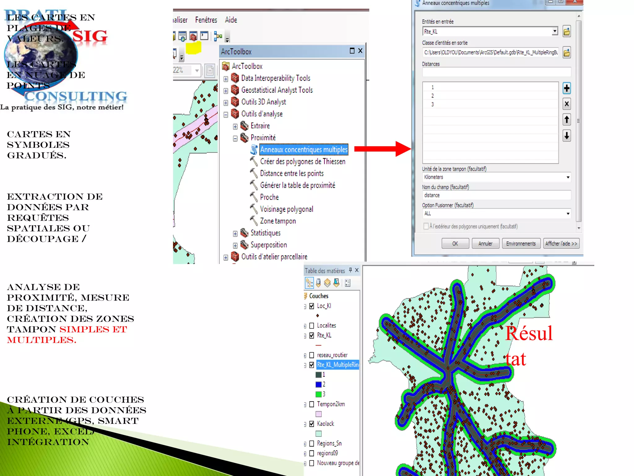 Extraction de
données par
requêtes
spatiales ou
découpage /
Les cartes en
plages de
valeurs.
Cartes en
symboles
gradués.
Les cartes
en nuage de
points
Analyse de
proximité, mesure
de distance,
création des zones
tampon simples et
multiples.
Création de couches
à partir des données
externe (GPS, Smart
Phone, Excel)
intégration
Résul
tat
 