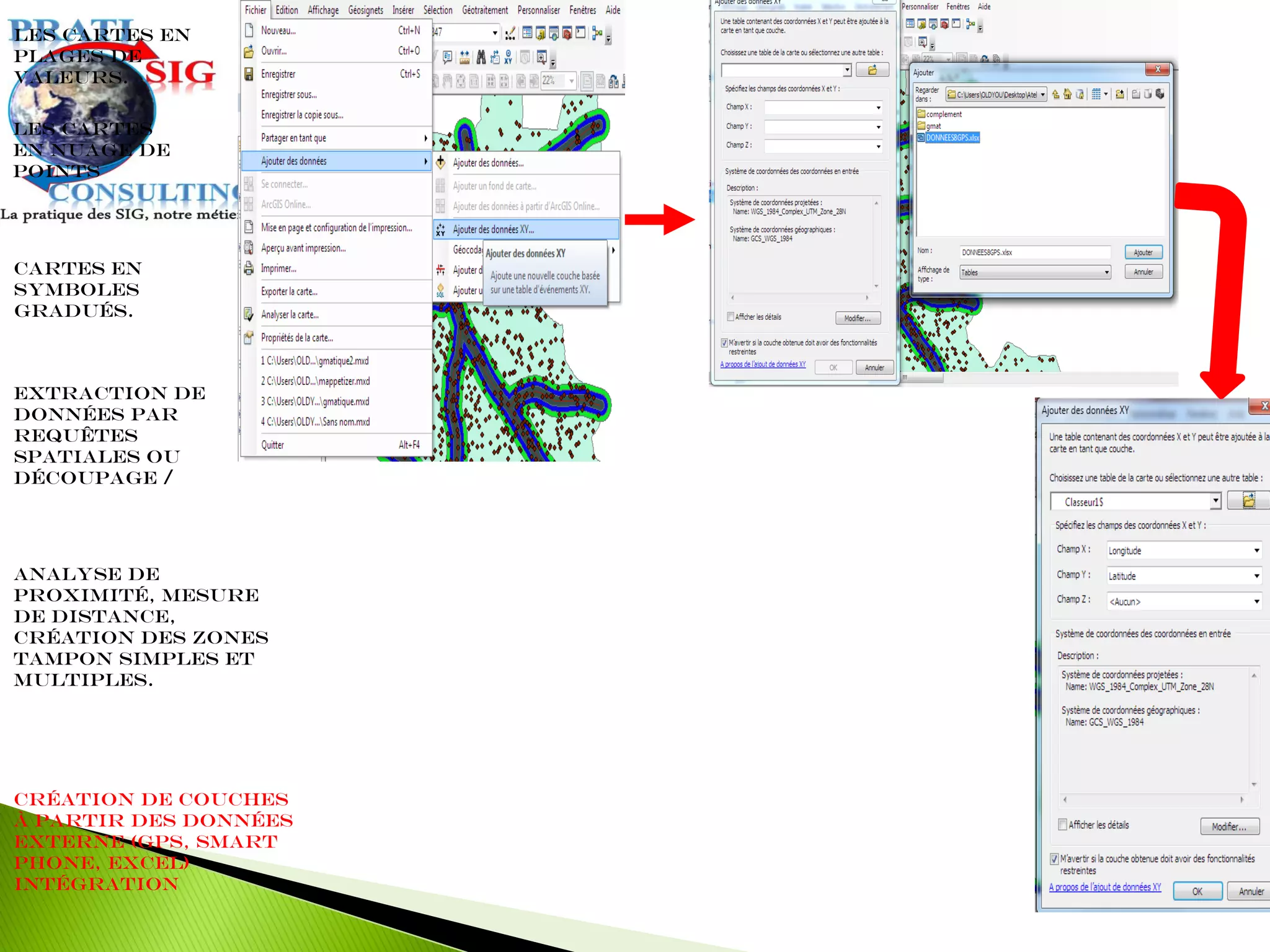 Extraction de
données par
requêtes
spatiales ou
découpage /
Les cartes en
plages de
valeurs.
Cartes en
symboles
gradués.
Les cartes
en nuage de
points
Analyse de
proximité, mesure
de distance,
création des zones
tampon simples et
multiples.
Création de couches
à partir des données
externe (GPS, Smart
Phone, Excel)
intégration
 