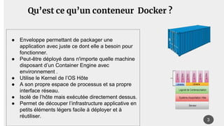 Qu’est ce qu’un conteneur Docker ?
3
● Enveloppe permettant de packager une
application avec juste ce dont elle a besoin p...