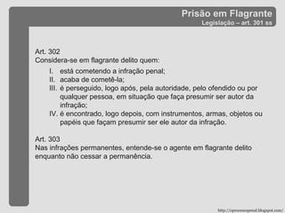 Prisão em Flagrante Legislação – art. 301 ss Art. 302  Considera-se em flagrante delito quem: está cometendo a infração penal; acaba de cometê-la; é perseguido, logo após, pela autoridade, pelo ofendido ou por qualquer pessoa, em situação que faça presumir ser autor da infração; é encontrado, logo depois, com instrumentos, armas, objetos ou papéis que façam presumir ser ele autor da infração. Art. 303 Nas infrações permanentes, entende-se o agente em flagrante delito enquanto não cessar a permanência. http://oprocessopenal.blogspot.com/ 