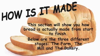 This section will show you how
bread is actually made from start
to finish.
Below are the three different
stages: The Farm, The
Mill and The Bakery.
 