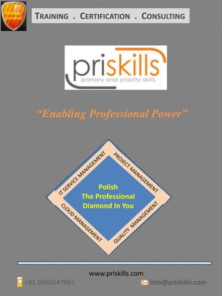 “Enabling Professional Power”
www.priskills.com
+91 9886547881 info@priskills.com
TRAINING . CERTIFICATION . CONSULTING
Polish
The Professional
Diamond In You
Knowledge
Guaranteed
 