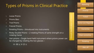 Types of Prisms in Clinical Practice 
1. Loose Prisms 
2. Prisms Bars 
3. Trial Prisms 
4. Fresnel Prisms 
5. Rotating Prisms – Introduced into instruments 
6. Risley Double Prisms – 2 rotating Prisms of same strength on a 
rotating frame 
7. Vari-prisms – Single hand-held instrument where prisms power can 
be changed by rotating the two glasses – 
H -90 Δ, V-15 Δ 
Clinical classification of Prism’s 
Relieving 
Inverse 
Yoked 
Sector (or) Regional 
Corrective 
Over corrective 
Rotating 
Slab off 
 