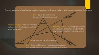 Prism is a portion of a refractive medium, bordered by 2 plane surfaces which are inclined at a finite angle 
Apex – Tip of the prism where 
the two refractive surfaces meet 
Refractive surface – The two refractive 
surfaces of a refractive prism inclined 
at the apical angle 
Reflecting surface – In some prism, internal 
ray hitting the 2nd surface is subjected to 
total internal reflection (reflecting prisms) 
Axis – line bisecting the refractive angle 
Base – bottom of the prism / side opposite to apex or 
optical angle. Helps in orientation of ophthalmic prisms 
 