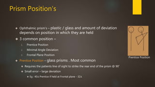Prism Position’s 
 Ophthalmic prism's – plastic / glass and amount of deviation 
depends on position in which they are held 
 3 common position – 
1. Prentice Position 
2. Minimal Angle Deviation 
3. Frontal Plane Position 
 Prentice Position – glass prisms . Most common 
 Requires the patients line of sight to strike the rear end of the prism @ 90˚ 
 Small error – large deviation 
 Eg : 40Δ Prentice if held at Frontal plane - 32Δ 
Prentice Position 
 