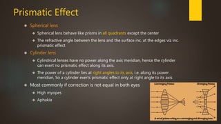 Prismatic Effect 
 Spherical lens 
 Spherical lens behave like prisms in all quadrants except the center 
 The refractive angle between the lens and the surface inc. at the edges viz inc. 
prismatic effect 
 Cylinder lens 
 Cylindrical lenses have no power along the axis meridian, hence the cylinder 
can exert no prismatic effect along its axis. 
 The power of a cylinder lies at right angles to its axis, i.e. along its power 
meridian, So a cylinder exerts prismatic effect only at right angle to its axis 
 Most commonly if correction is not equal in both eyes 
 High myopes 
 Aphakia 
 